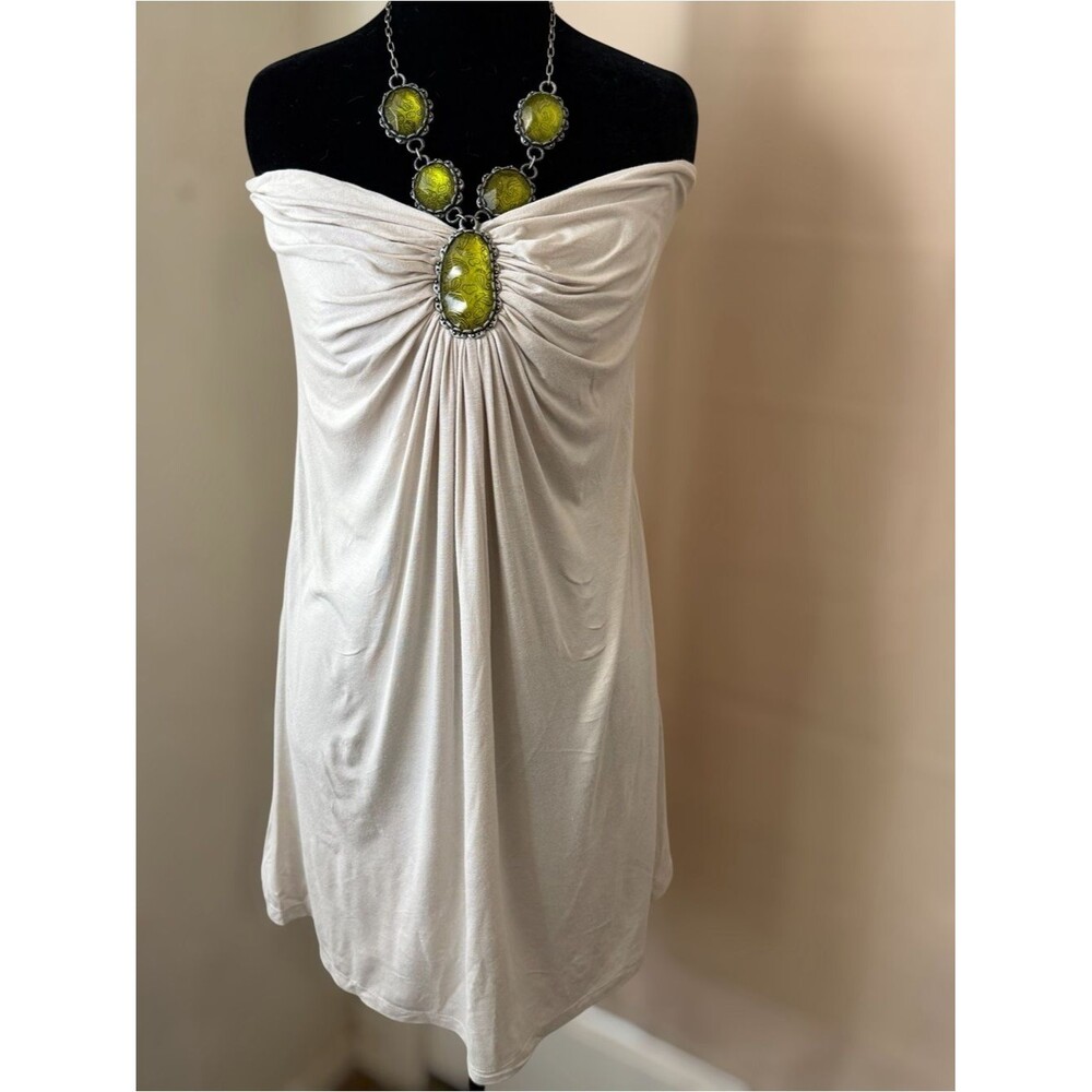 NWT Double Zero Embellished Tunic Top Built-In Statement Necklace Beige Size L